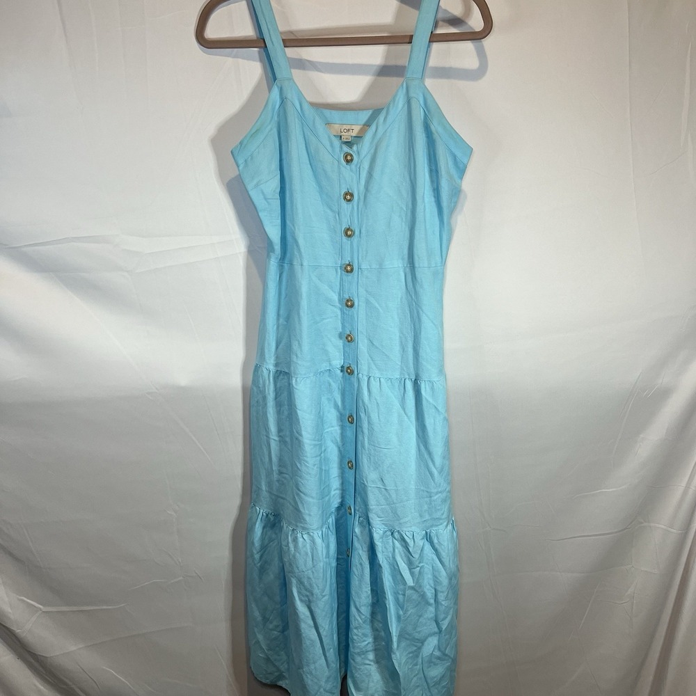 Ann Taylor Loft Blue Linen Blend‎ Strappy Button Tiered Midi Dress Sz 4